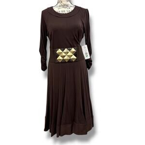 NWT NUE by Shani Size 8 Brown Fit & Flare Gold Belted Dress Built-in Body Shaper